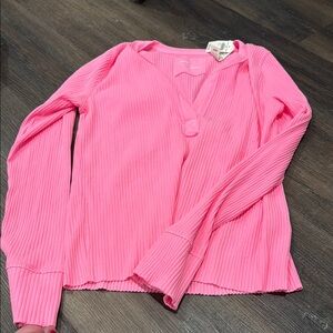 Aerie Bright Pink Ribbed Long Sleeve Blouse